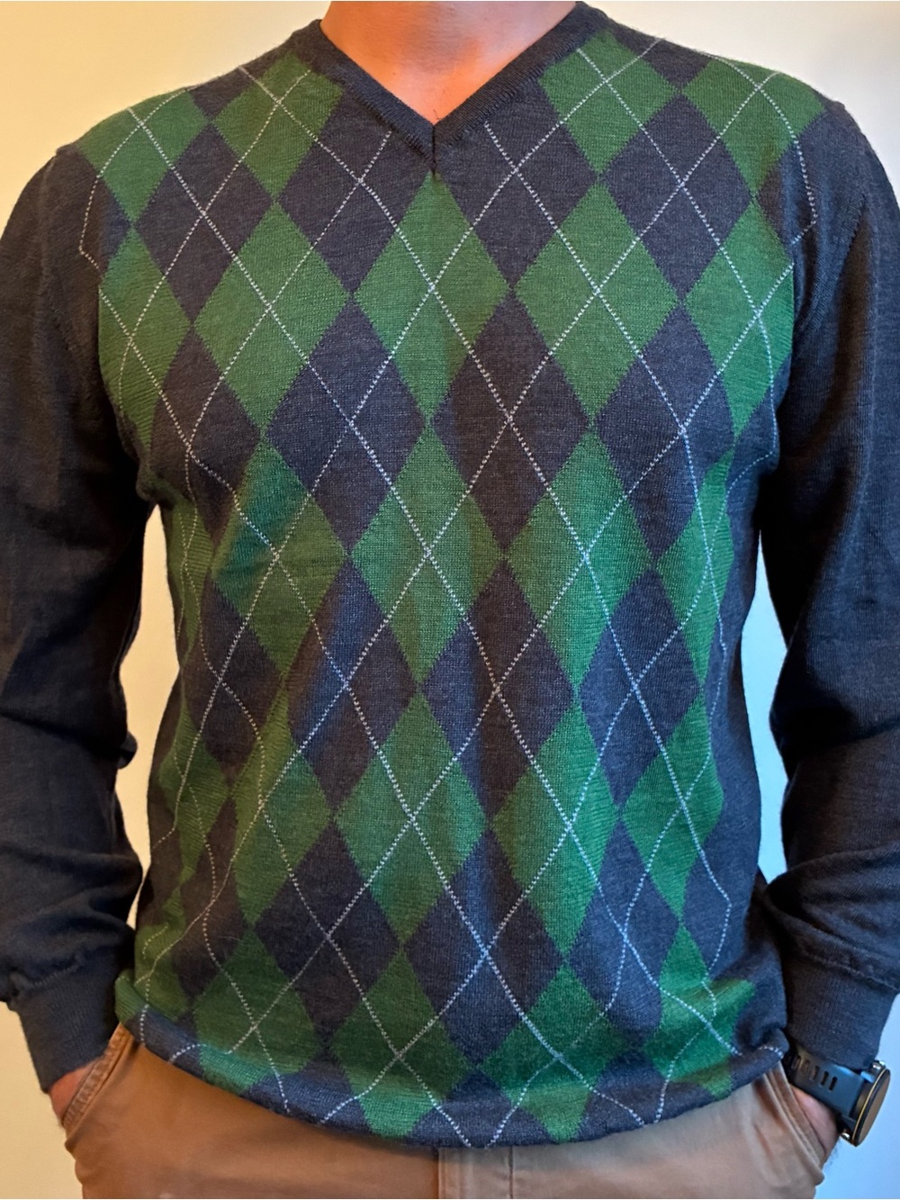 Simons Men's V-Neck Argyle Sweater in Green and Gray 100% Virgin Wool L